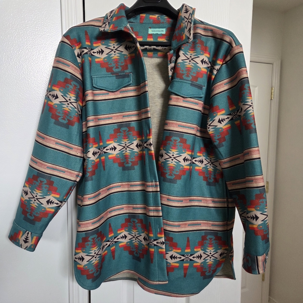 ​Sunshine & Roeos Southwestern Aztec Print Shacket Teal Orange Plus Size 2XL